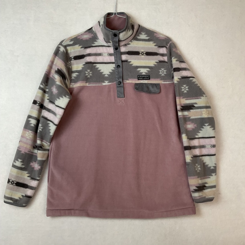 Simply Southern Women L Purple Gray Southwestern Snap Fleece Pullover Mock Neck